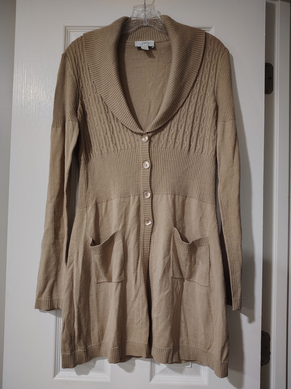 LOFT Beige Long Shawl-Collar Cardigan